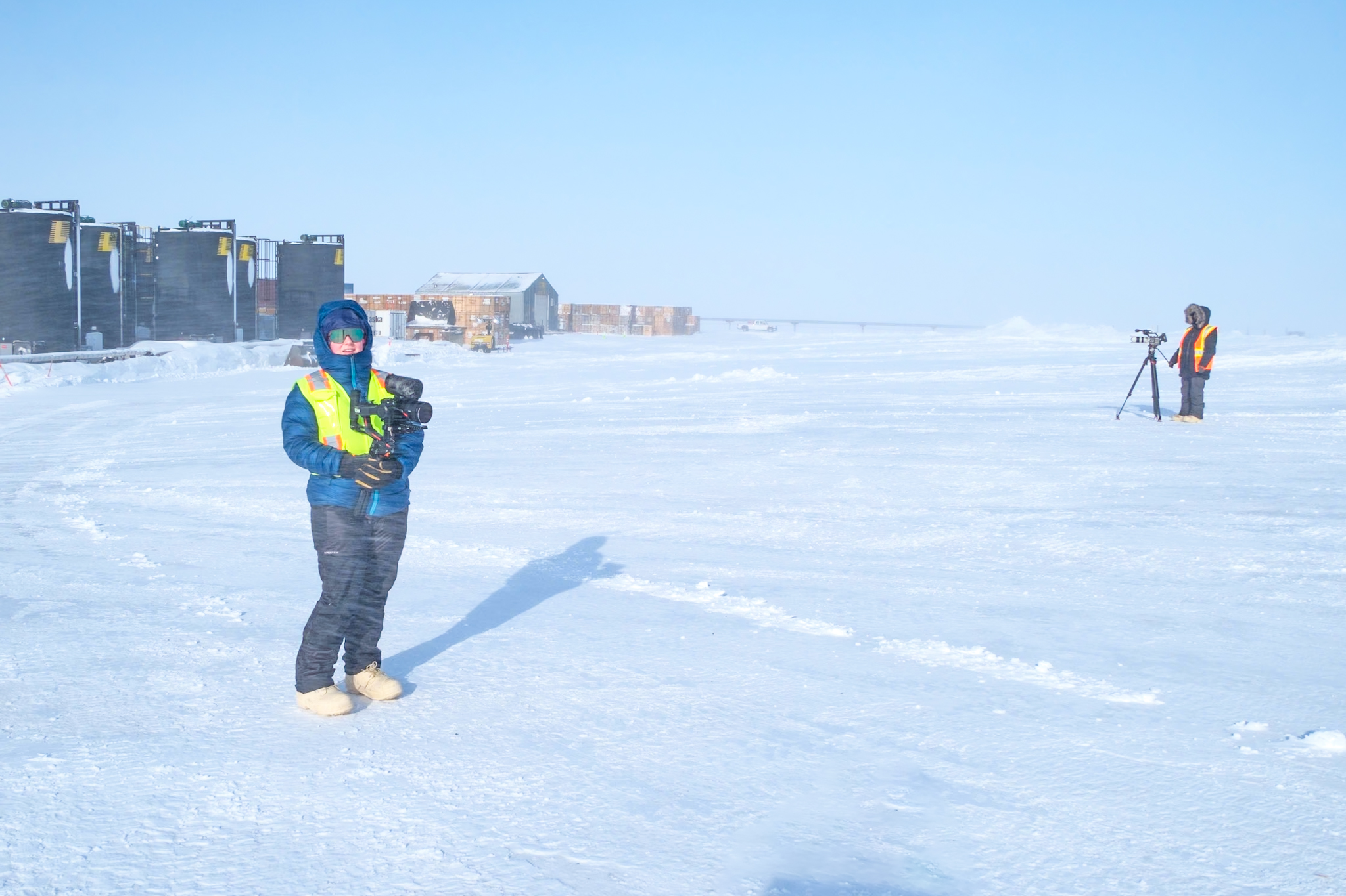 Frostline Studios Film Crew in Northern Alaska Cinematographers Hannah Pratt and Courtney Dean filming in northern Alaska.