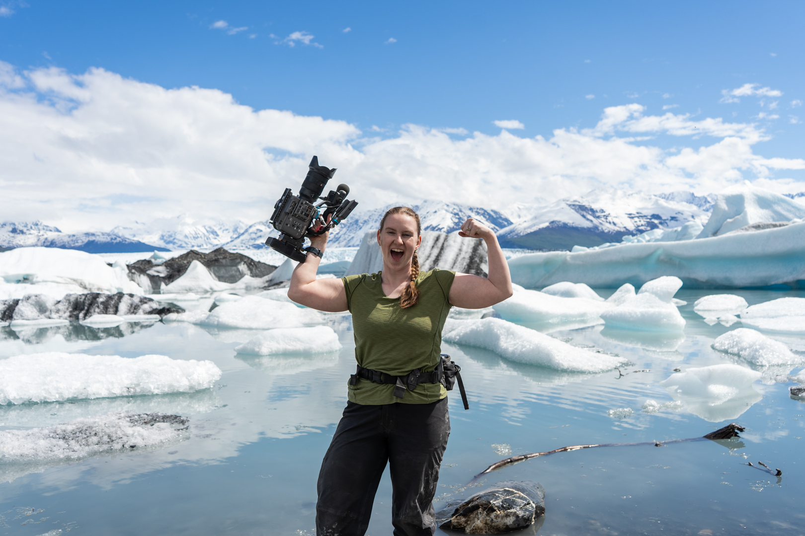 Frostline-Studios_hannah-glacier_adventure-for-ava-2025 Our producer and cinematographer shooting an interview in the field